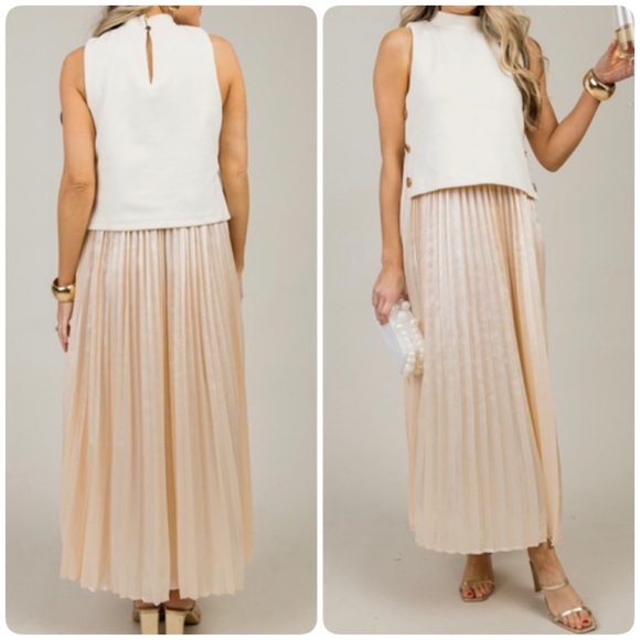 THML Cream Champagne Pleated Maxi/Midi Dress Sleeveless Layered Satin Large L - Picture 14 of 14